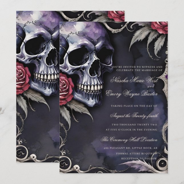 Convites Elegant Gothic Skull & Red Roses Wedding (Frente/Verso)