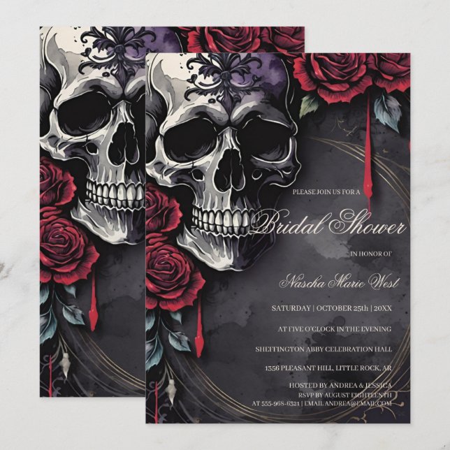 Convites Elegant Gothic Skull & Roses Bridal Shower (Frente/Verso)