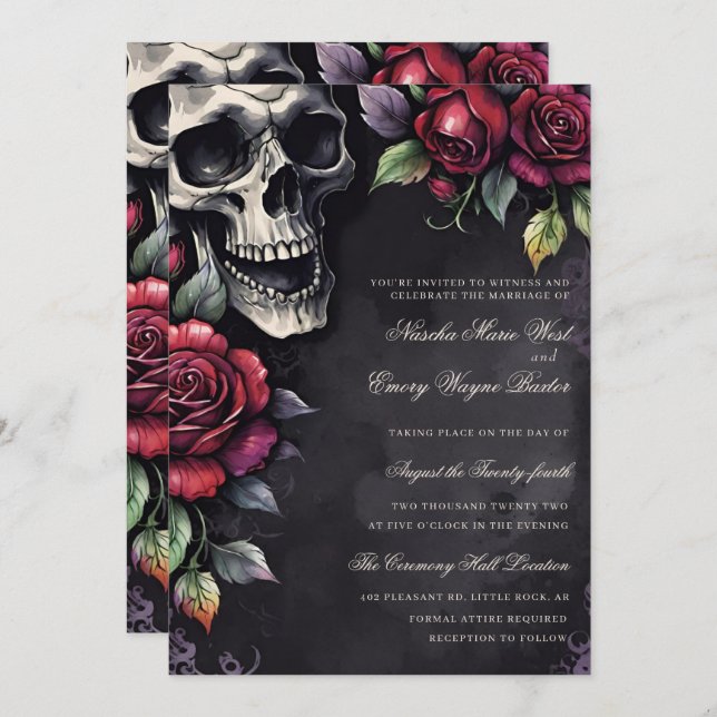 Convites Elegant Gothic Skull & Roses Wedding (Frente/Verso)