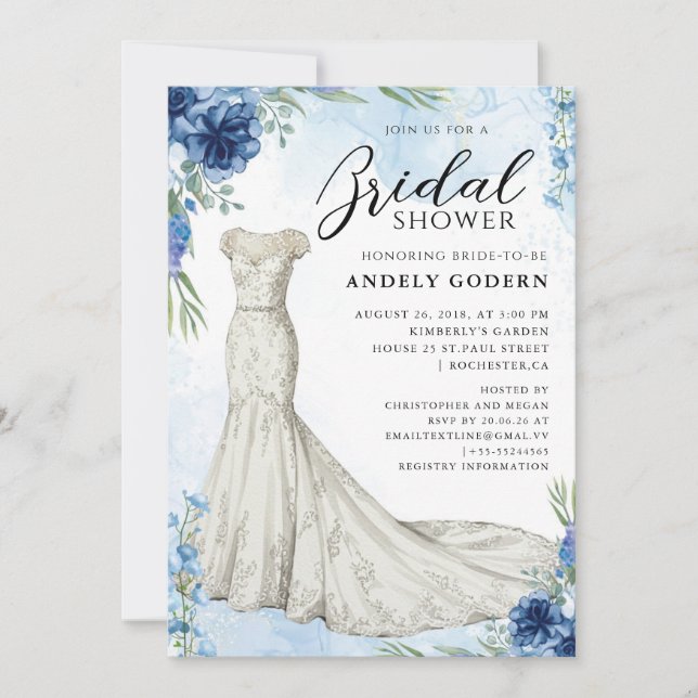 Convites Elegant Gown Illustration with  Bridal Shower (Frente)