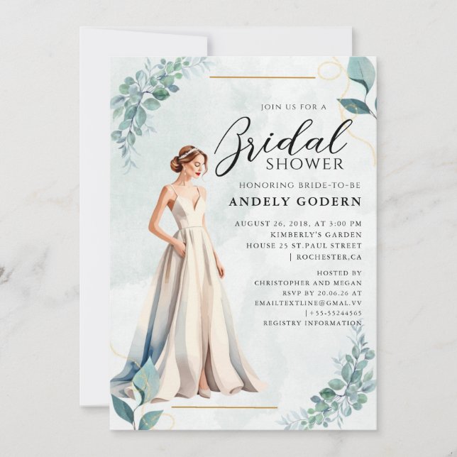 Convites Elegant Gown Illustration with  Bridal Shower (Frente)