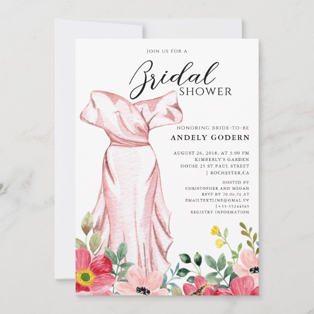 Convites Elegant Gown Illustration with  Bridal Shower (Frente)