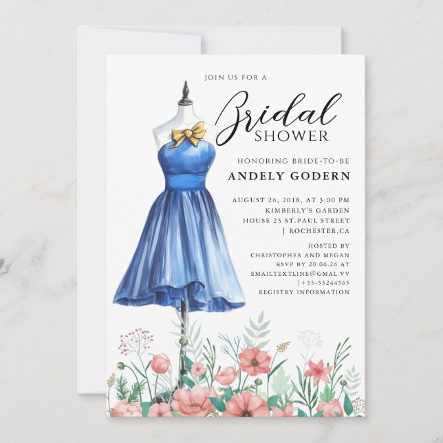 Convites Elegant Gown Illustration with  Bridal Shower (Frente)