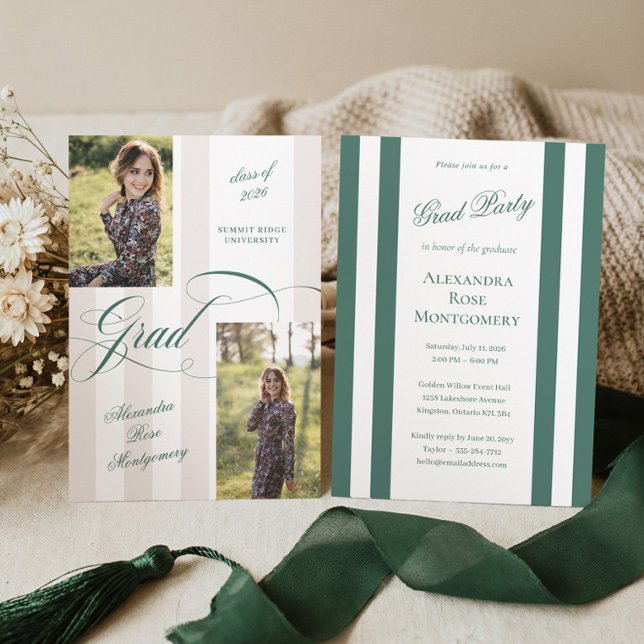 Convites Elegant Grad Script French Stripe Photo Graduation (Elegant Grad Script French Stripe Photo Graduation Invitation)