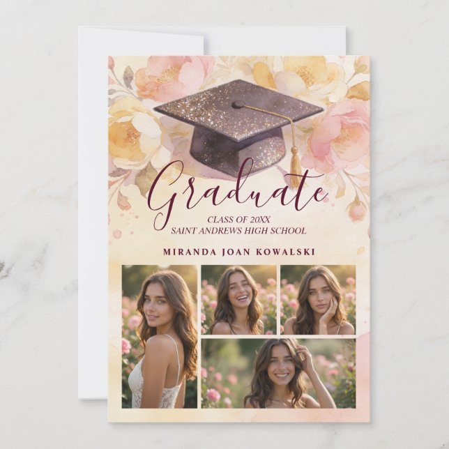 Convites Elegant Graduation Cap 5-Photo Collage Floral (Frente)