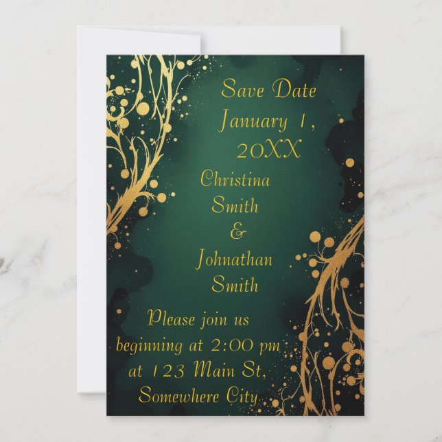 Convites Elegant Green and Gold Design Wedding Invitation (Frente)