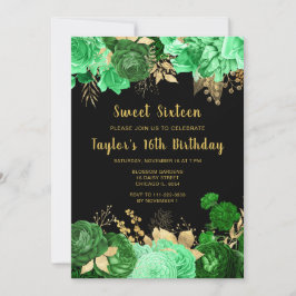 Convites Elegant Green and Gold Flowers Sweet Sixteen