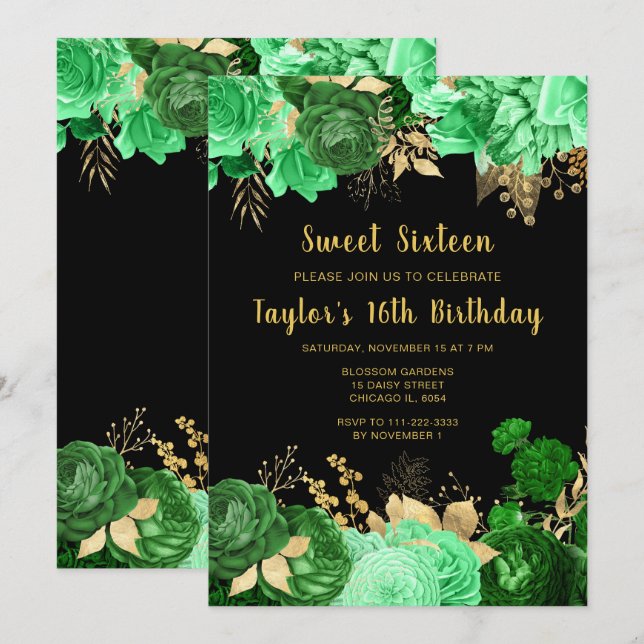 Convites Elegant Green and Gold Flowers Sweet Sixteen (Frente/Verso)