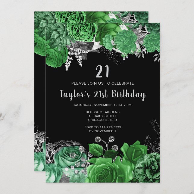 Convites Elegant Green and Silver Flowers Birthday Party (Frente/Verso)