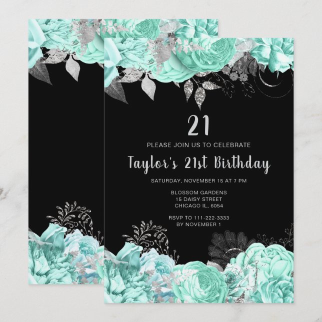 Convites Elegant Green and Silver Flowers Birthday Party (Frente/Verso)