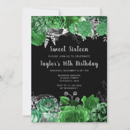 Convites Elegant Green and Silver Flowers Sweet Sixteen