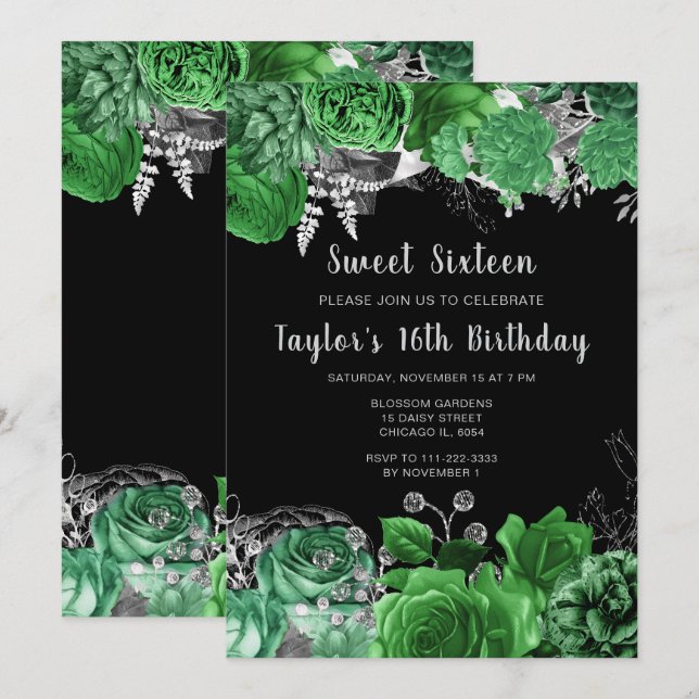 Convites Elegant Green and Silver Flowers Sweet Sixteen (Frente/Verso)