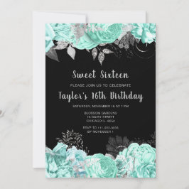 Convites Elegant Green and Silver Flowers Sweet Sixteen