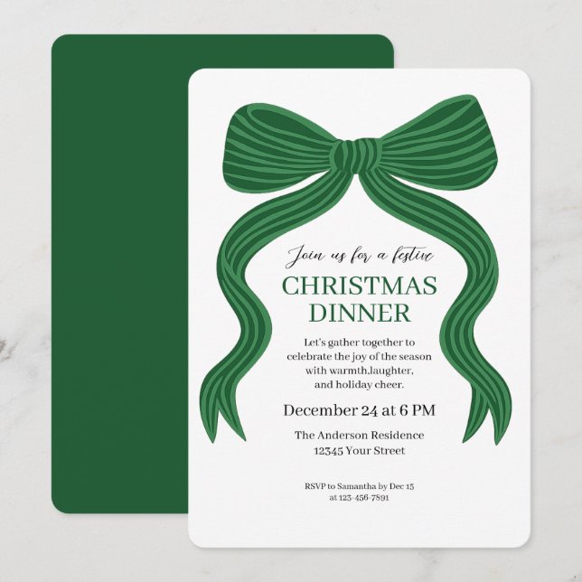 Convites Elegant Green Bow Christmas Dinner Invitation (Frente/Verso)
