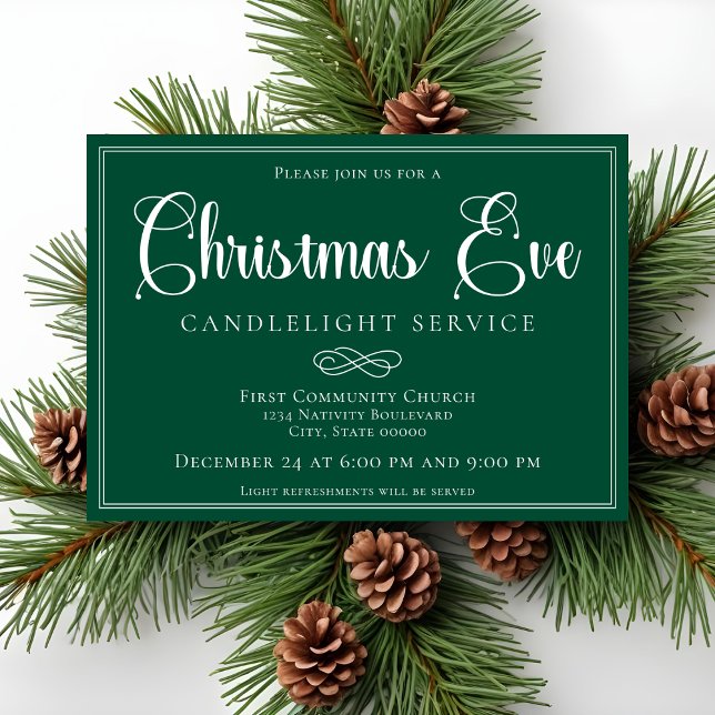 Convites Elegant Green Christmas Eve Candlelight Service (Criador carregado)