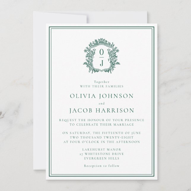 Convites Elegant Green Crest Wedding Invitation (Frente)