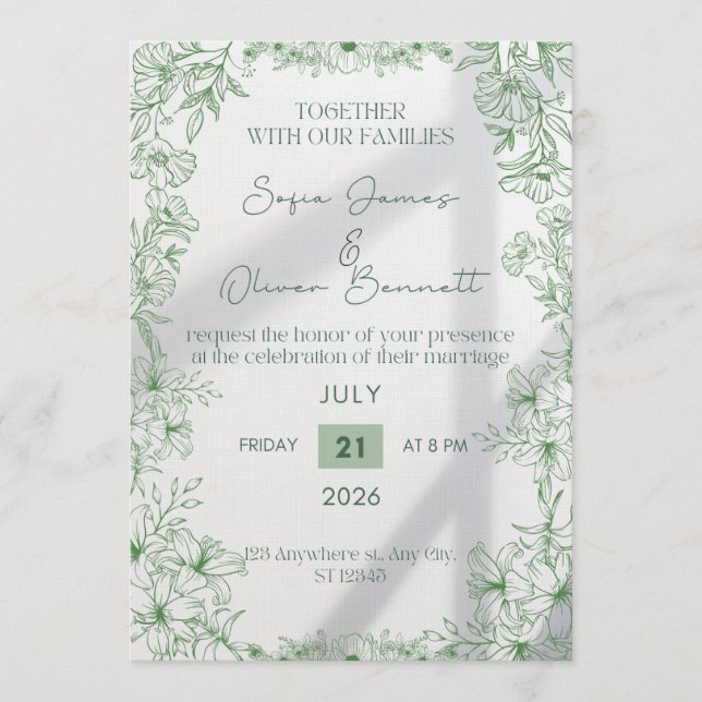 Convites Elegant Green Floral Line Art Wedding Invitation  (Frente)
