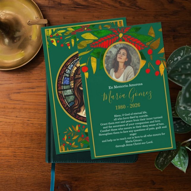 Convites Elegant Green Floral Memorial Funeral Photo  (Criador carregado)