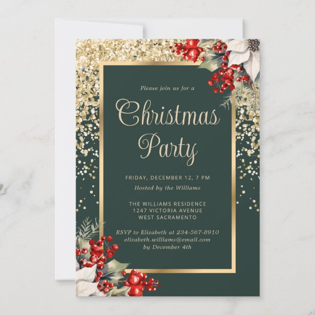 Convites Elegant Green Gold Botanical Christmas Party (Frente)