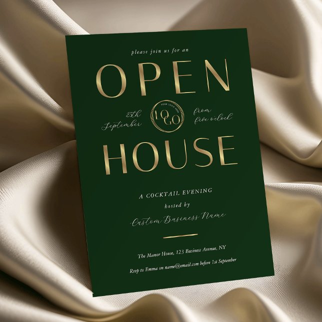Convites Elegant Green & Gold Logo Business Open House (Criador carregado)