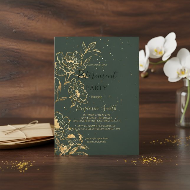 Convites Elegant Green Gold Retirement Party Invitation Flo (Criador carregado)