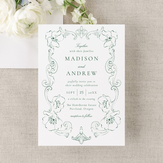 Convites Elegant Green Ornate Floral Frame Wedding (Criador carregado)