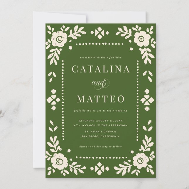 Convites Elegant Green Papel Picado Wedding (Frente)