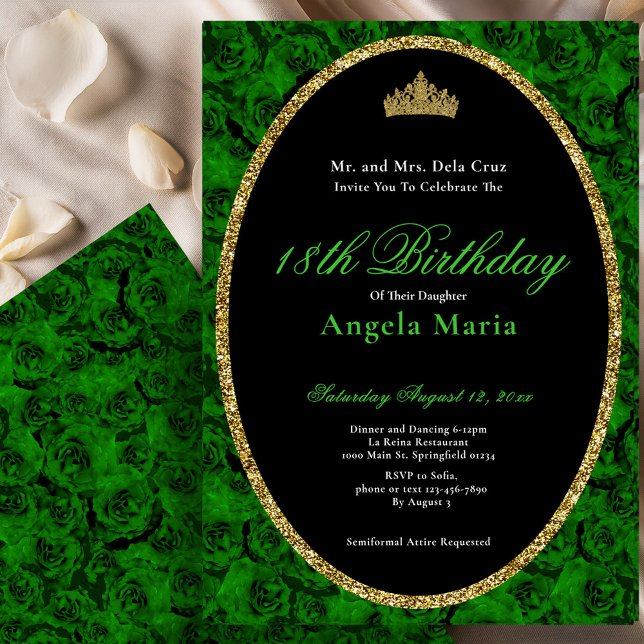 Convites Elegant Green Rose Floral 18th Birthday Debut (Criador carregado)