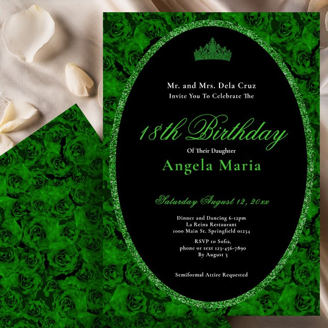Convites Elegant Green Rose Floral 18th Birthday Debut (Criador carregado)