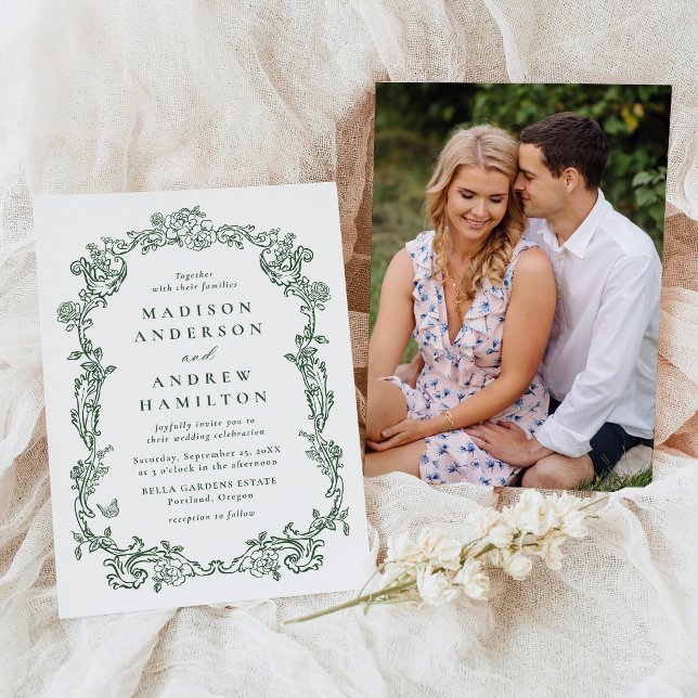 Convites Elegant Green Victorian Floral Photo Wedding (Criador carregado)