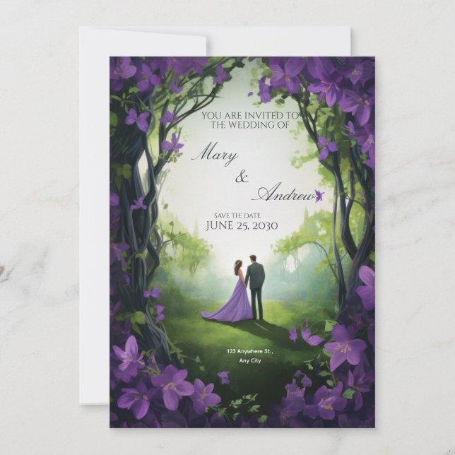 Convites Elegant Green & Violet Wedding Invitation (Frente)