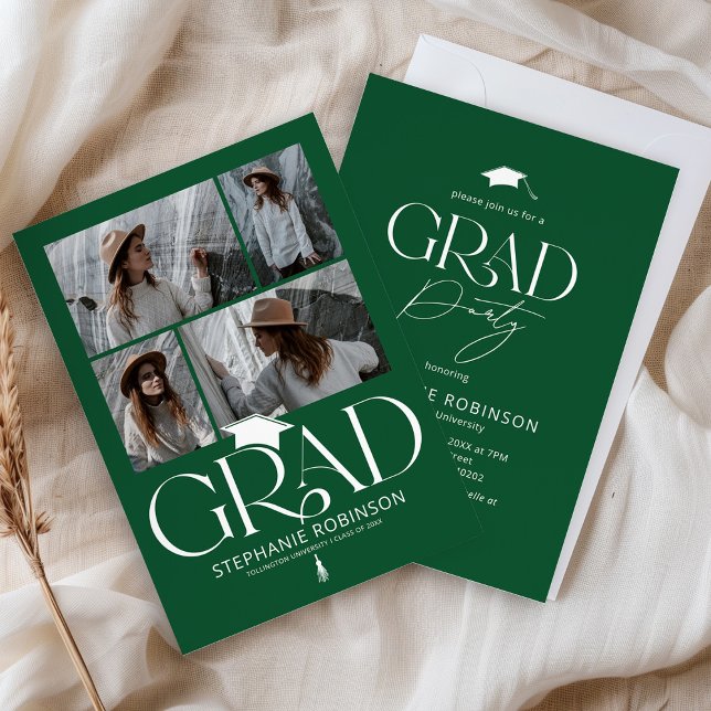 Convites Elegant Green & White 4 Photo Graduation Party (Criador carregado)