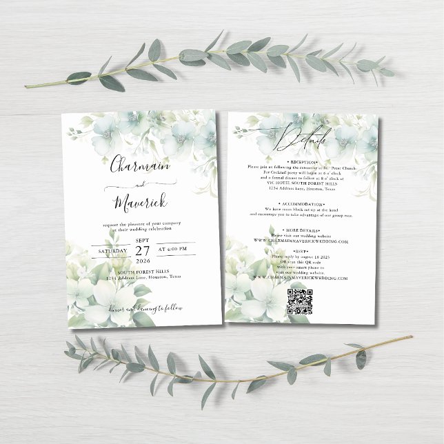 Convites Elegant Greenery Budget QR code Wedding (Criador carregado)
