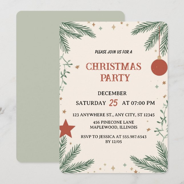 Convites Elegant Greenery Christmas Party Invitation Card (Frente/Verso)