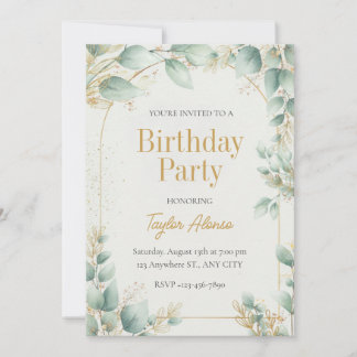 Convites Elegant Greenery Gold Birthday Invitation