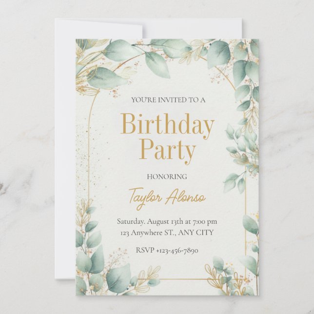 Convites Elegant Greenery Gold Birthday Invitation (Frente)
