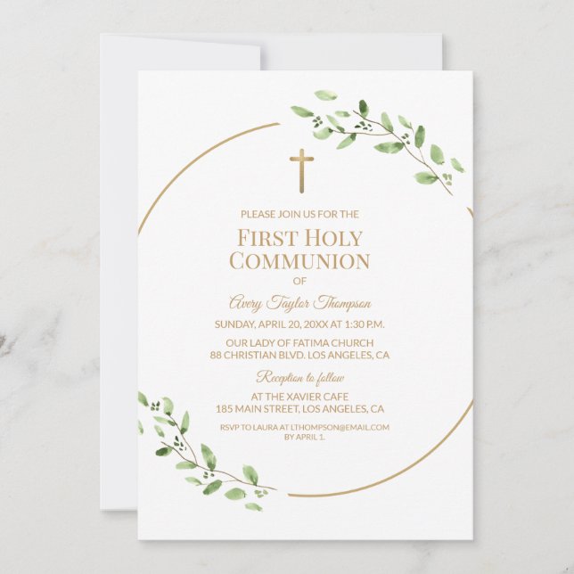 Convites Elegant Greenery Gold Cross First Holy Communion  (Frente)