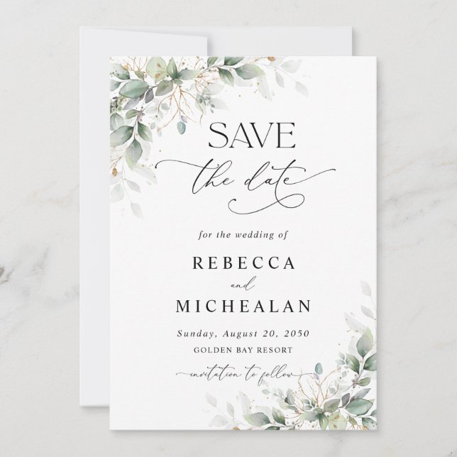 Convites Elegant Greenery Wedding Save The Date (Frente)