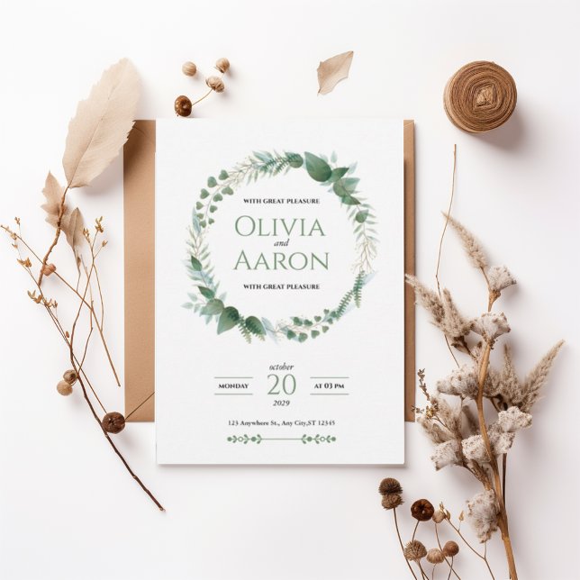 Convites Elegant Greenery Wreath Wedding Invitation (Criador carregado)