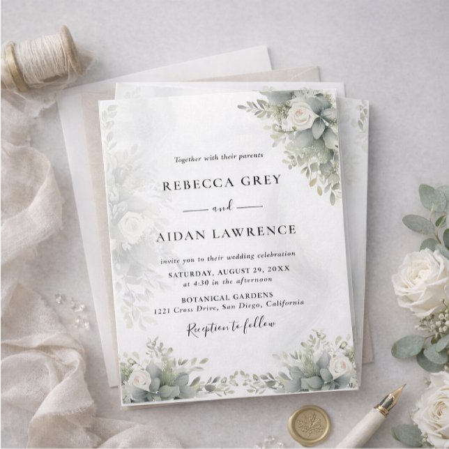 Convites Elegant Grey Botanical Wedding Invitation (Criador carregado)