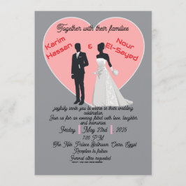 Convites Elegant Grey Pink Heart Bride Groom Invitation