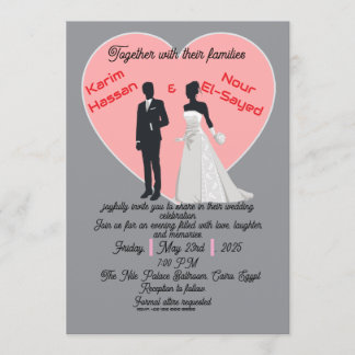 Convites Elegant Grey Pink Heart Bride Groom Invitation