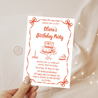 Convites Elegant Hand-Drawn Cake & Ribbon Birthday Party