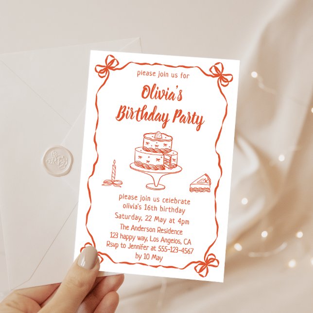 Convites Elegant Hand-Drawn Cake & Ribbon Birthday Party (Criador carregado)