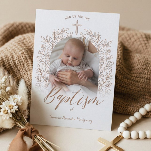 Convites Elegant Hand-Drawn Cross Floral Baptism Photo (Elegant Hand-Drawn Cross Floral Baptism Photo Invitation)