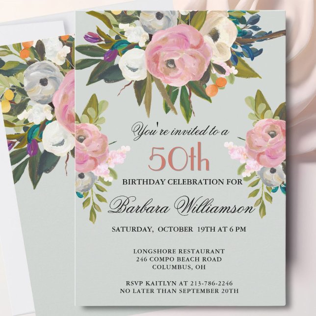 Convites Elegant Handpainted Floral 50th Birthday Party  (Criador carregado)