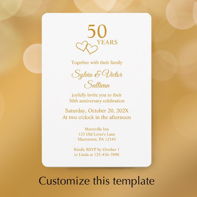 Convites Elegant Heart Golden 50th Wedding Anniversary (Personalize this modern elegant golden 50th wedding anniversary party invitation.
)
