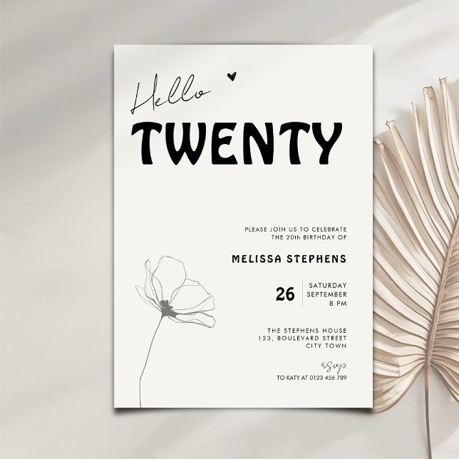 Convites Elegant Hello Twenty Bold Typography 20th Birthday (Criador carregado)