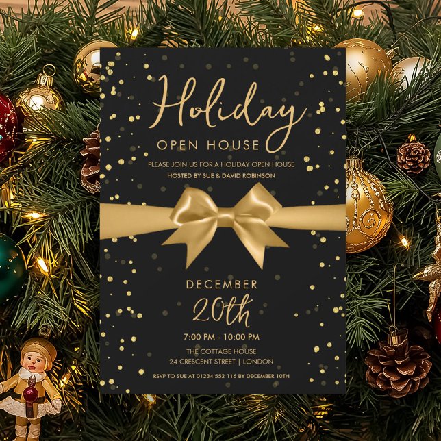 Convites Elegant Holiday Open House Gold Bow Black (Elegant Holiday Open House Gold Bow Black Invitation)