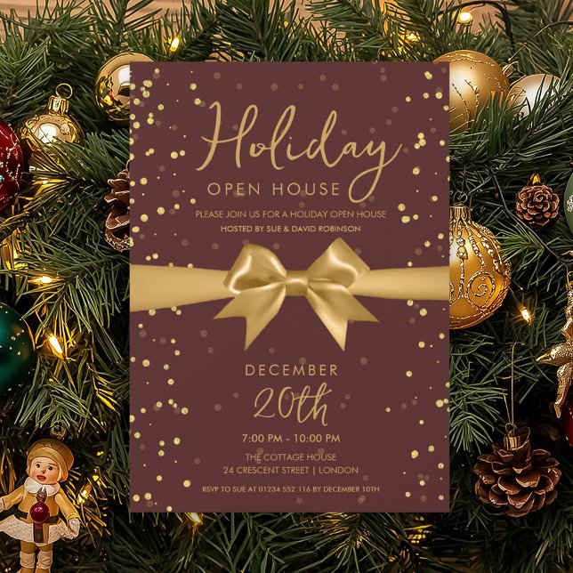 Convites Elegant Holiday Open House Gold Bow Burgundy  (Elegant Holiday Open House Gold Bow Burgundy Invitation)